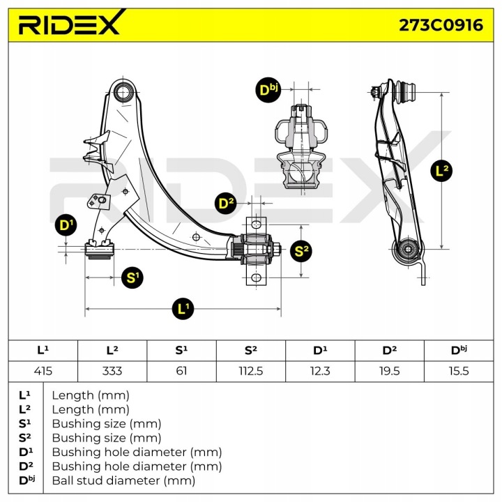 RIDEX 273C0916 BRAS DE SUSPENSION SUSPENSION ROUES AVANT DROIT BRAS DE SUSPENSION TRANSVERSAL