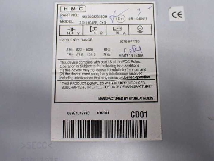RADIO CD MP3 BLUETOOTH D'USINE EUROPE 96170-C8250 HYUNDAI I20 II 16R
