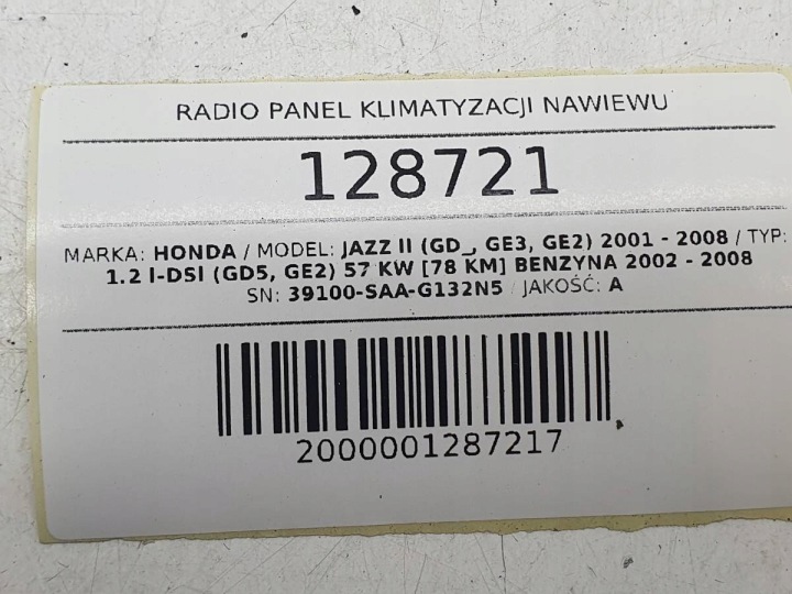 RADIO PANNEAU CLIMATISATION CONDUIT D'AIR HONDA JAZZ II 39100-SAA-G132N5 EUROPE