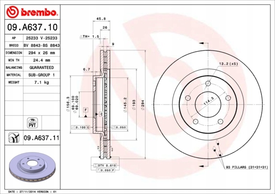 DISKU BREMBO LANCIA FLAVIA 2.4 170KM 125KW 12-14 (294X26,3MM) DODGE CALIB nuotrauka 2