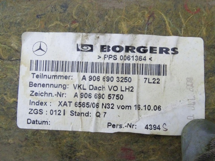 MERCEDES SPRINTER W906 906 06-13 PAVILLON TOIT H2 SREDNI A9066903250