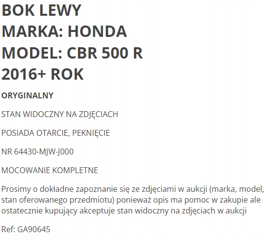 CÔTÉ GAUCHE DÉFLECTEUR D'AIR CASQUETTE HONDA CBR 500 R 16
