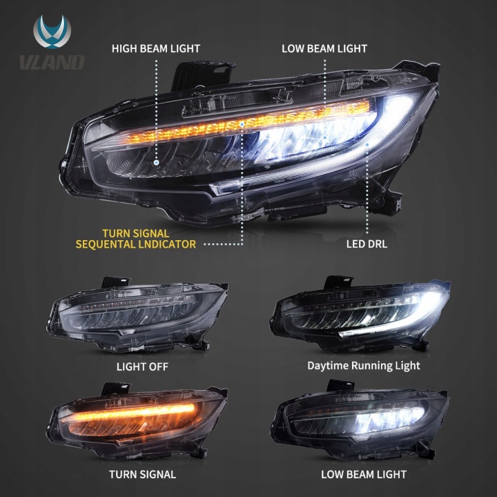фото №7, Honda civic x 2016-2021 фара лампы перед комплект полный led drl vland европа