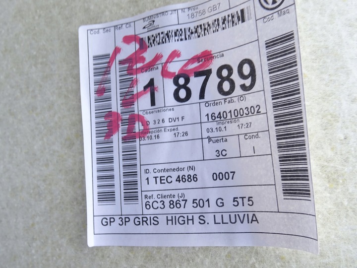 фото №10, Потолок vw polo v 5 6c0 6c рестайлинг 14-17 3d 3 d 3 дверь 6c3867501g