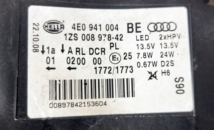 фото №6, Audi a8 d3 рестайлинг лампа правая bi-xenon поворотный led 4e0941004be европа