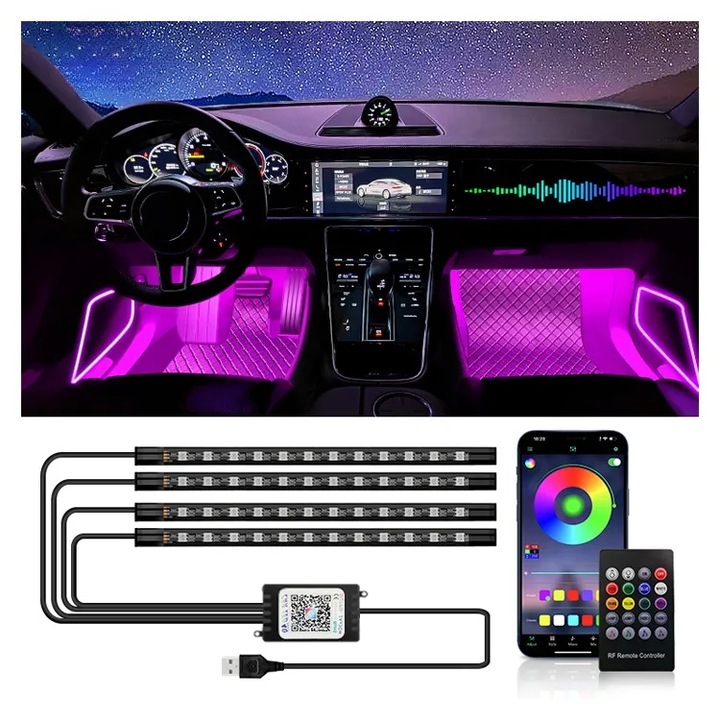 фото №4, Освітлення інтер'єру кабіни автомобіля стрічка led rgb 4x12 блютуз app usb