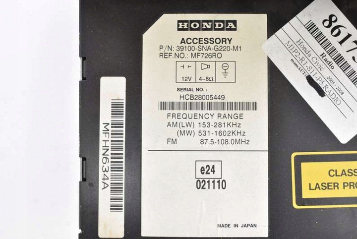 фото №6, Радио радиопроигрыватель cd aux mp3 rds 39100-sna-g220 honda civic viii 05-08