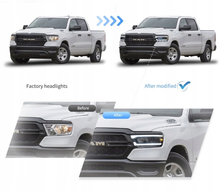 фото №10, Фары лампы kpl полный led диоды чёрный европа dodge ram v 5 1500 2019-24