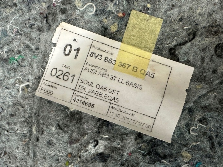 фото №7, Ковёр шумоизоляция покрытие audi a3 8v 3дверь 8v3863367b 8v3863919a