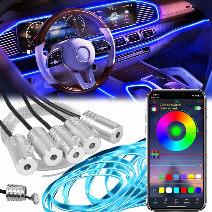 фото №1, Оптоволокно led do автомобиля elwire освещение rgb фоновый app блютуз 6m