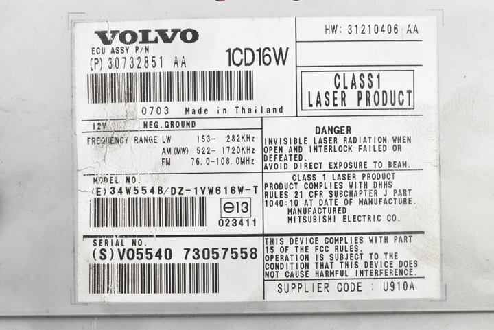 фото №6, Зчитувач дисків cd 30732851 volvo s40 v40 2 ii 04-07