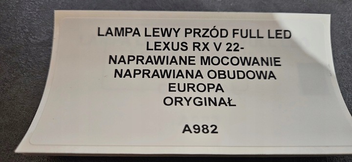 фото №10, Лампа левый перед полный led lexus rx v 22- европа оригинал
