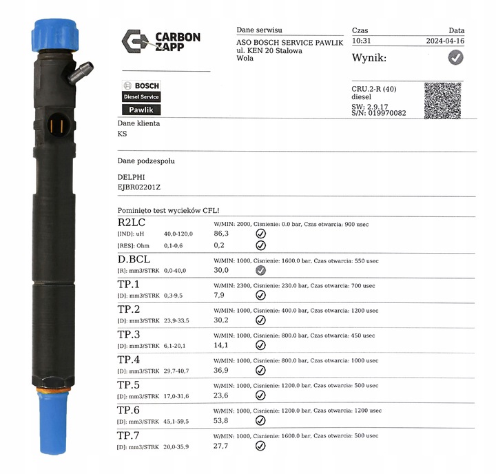 фото №3, Форсунки delphi ejbr02201z regenerowane protokoły