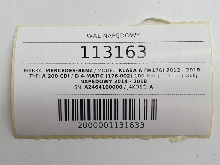 фото №10, Вал привідний mercedes w176 4matic 4x4 a2460000 cdi автомат