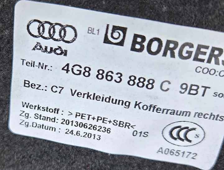 фото №3, Audi оригінальний номер a7 s7 rs7 c7 оббивка обшивки підлога багажника комплект