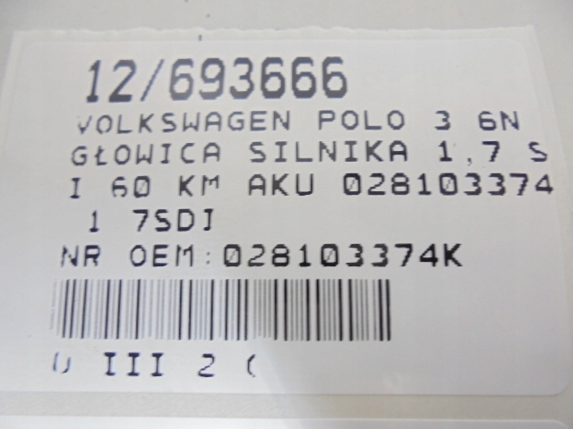 фото №11, Vw volkswagen polo 3 mk3 6n 6n2 головка двигателя 1,7sdi 60km aku 028103374k