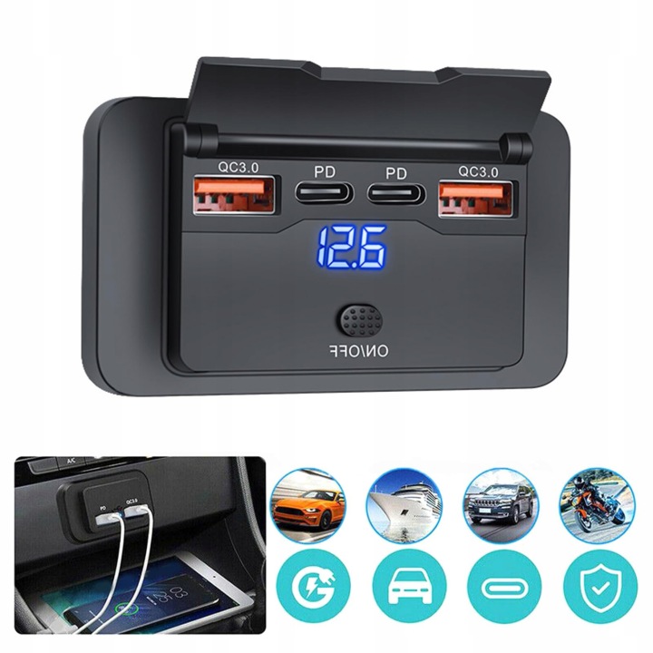 фото №8, Гніздо автомобільні монтажні 12v 24v 4 usb pd qc 3.0 on off 96w кришка