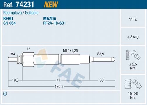 фото №2, Свічка запалювання żarowa fae do mazda 6 2.0 di