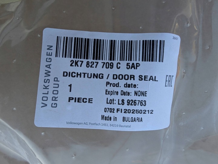 фото №6, Прокладка двері вантажних зад сторона права засіб vw caddy 2k7 2k7827709c