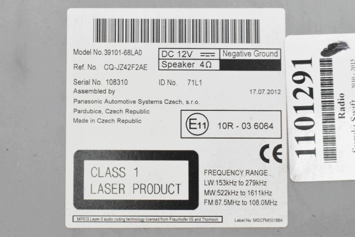 фото №6, Магнитола автомагнитола (радио, проигрыватель) cd usb 39101-68la0 suzuki swift 5 v mk7 10-15