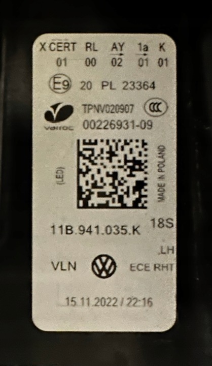 фото №8, Vw id4 id.4 лампа лампи повний led iq light 11a941035k 11a941036m перед eu