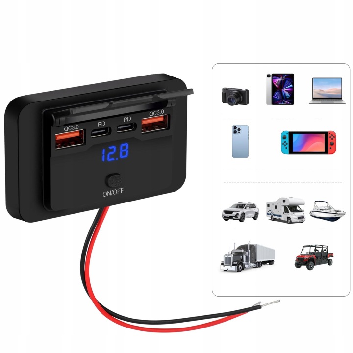 фото №9, Гніздо автомобільні монтажні 12v 24v 4 usb pd qc 3.0 on off 96w кришка