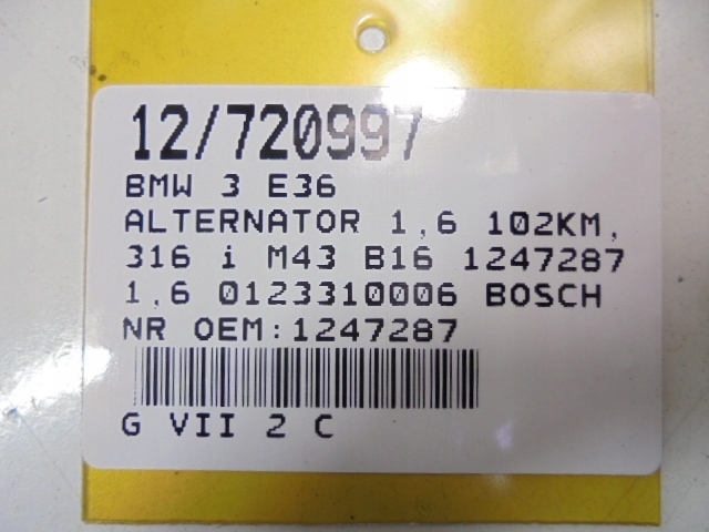 фото №8, Bmw 3 e36 генератор 1247287 1,6 0123310006