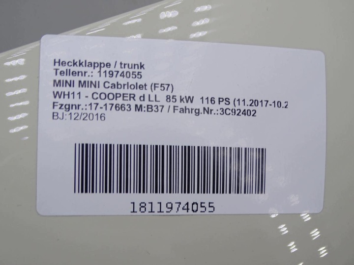 фото №7, Mini one cooper cabrio f57 15-24 кришка багажника зад задня 850 pepper білий