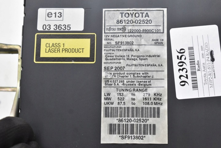 фото №7, Радіо радіопрогравач cd rds 86120-02520 toyota auris 1 i 06-09