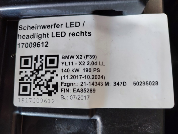 фото №8, Bmw x2 f39 фара передняя передняя правая полный led 5a1e0a8-01 год 2018-21