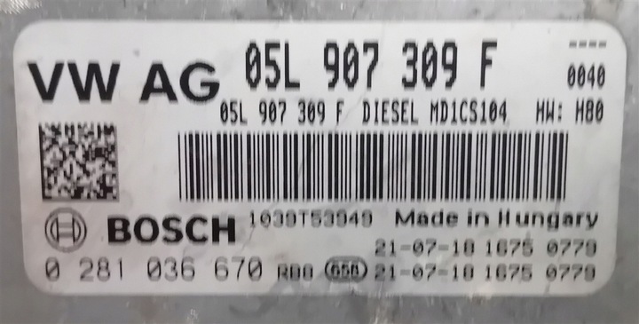 фото №3, Комп'ютер блок керування двигуна vw transporter t6 2.0 tdi 0281036670 05l907309f