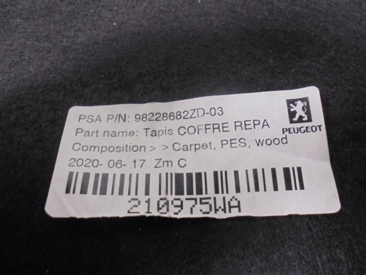 фото №7, Пол ковёр покрытие багажника 98228682zd peugeot 208 i 20r