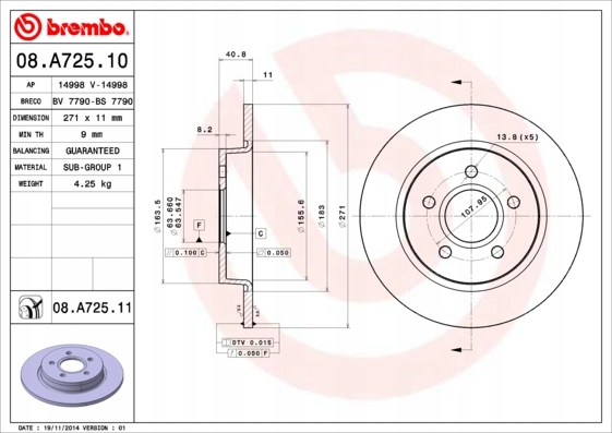 фото №2, Диск тормозная brembo 08 a725 11 1704765 ford focus 11- зад
