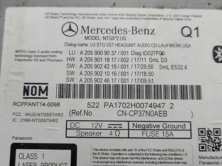 фото №8, Mercedes-benz c w205 2018 панель / радиопроигрыватель cd/dvd/gps