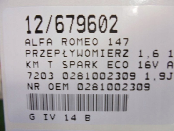 фото №6, Alfa romeo 147 витратомір 0281002309 1,9jtd