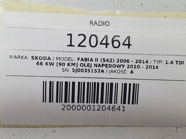 фото №9, Радіо програвач 5j0035152a skoda fabia ii roomster