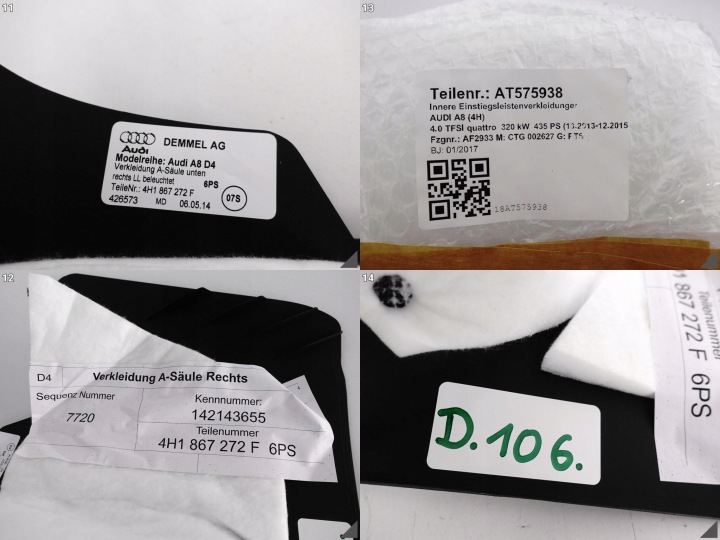 фото №12, Audi a8 4h0 4h1 d4 рестайлинг 09-17 обшивка правого стойка a порога led длинный 6ps
