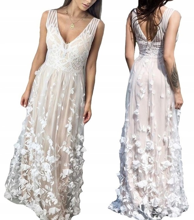 Biało beżowa długa suknia Wesele Tiul 3D XL IT18 9613556603 Odzież Damska Sukienki wieczorowe CF PNILCF-1