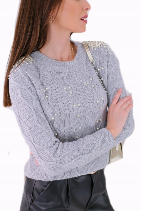 Sweter Bluzka z perłami ażurowy splot szary 9769954699 Odzież Damska Swetry YF RTTZYF-3