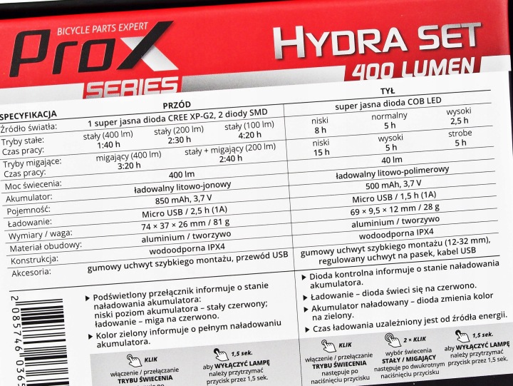 Набір велосипедних ліхтарів Передній+Задній 400 лм USB-C PROX HYDRA II 1100 мАг — фото 10
