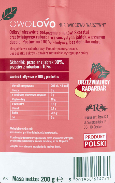 Пюре яблучно-ревеневий фруктовий Owolovo 200 г для дітей десерт десертики — фото 3