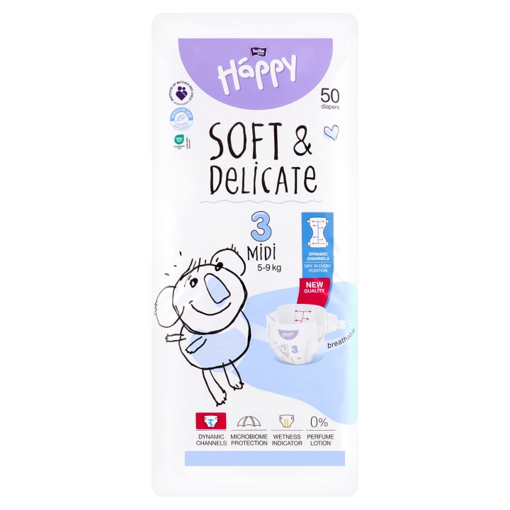 Happy Підгузки Soft & Delicate 3 Міді 5-9 кг 50 шт. ремінець рівня вологи