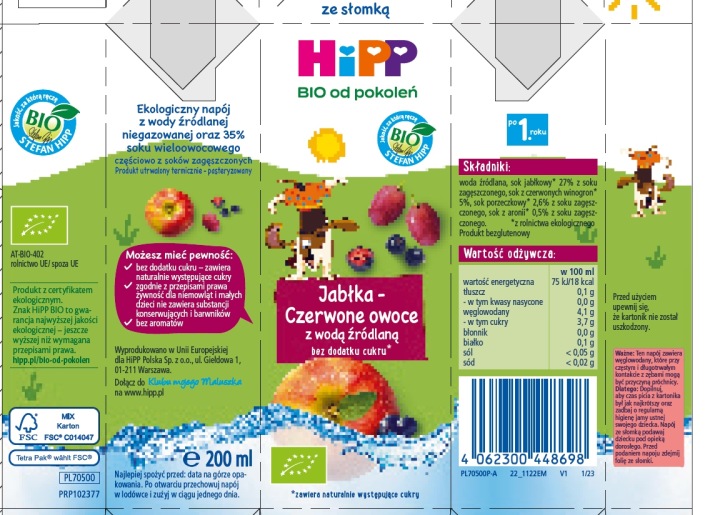 HiPP Біо Яблука - Червоні фрукти з водою джерельною Без Цукру 200 мл по 1 рік — фото 2