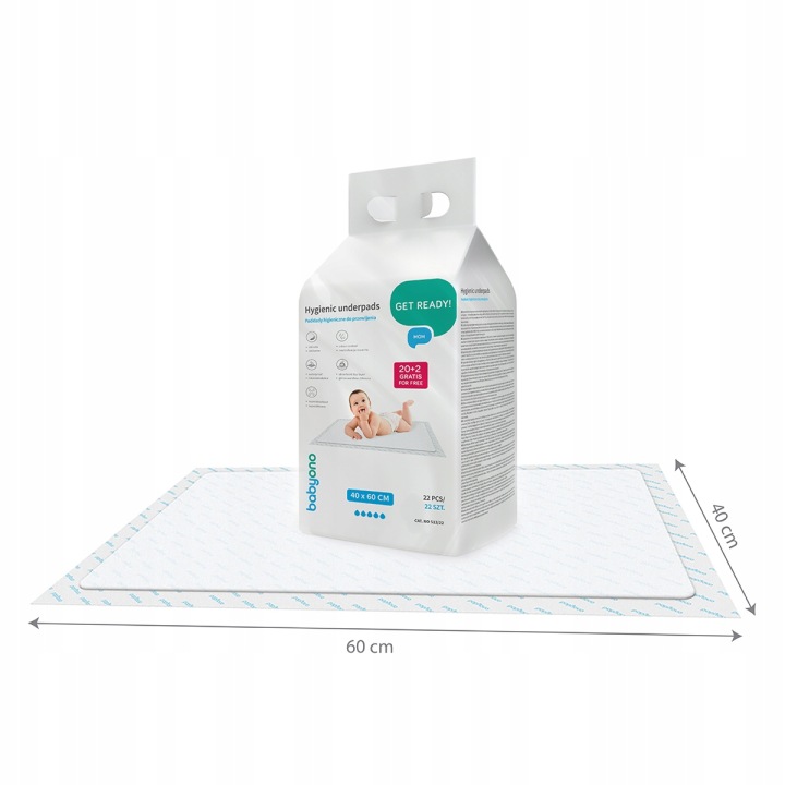 BABYONO пелюшки гігієнічні для пеленання 40x60 20 шт. + 2 у подарунок 513/22 — фото 6
