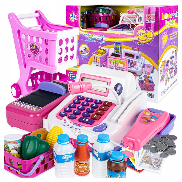 LARGE INTERACTIVE CASH REGISTER FOR CHILDREN BASKET TROLLEY + ACCESSORIES