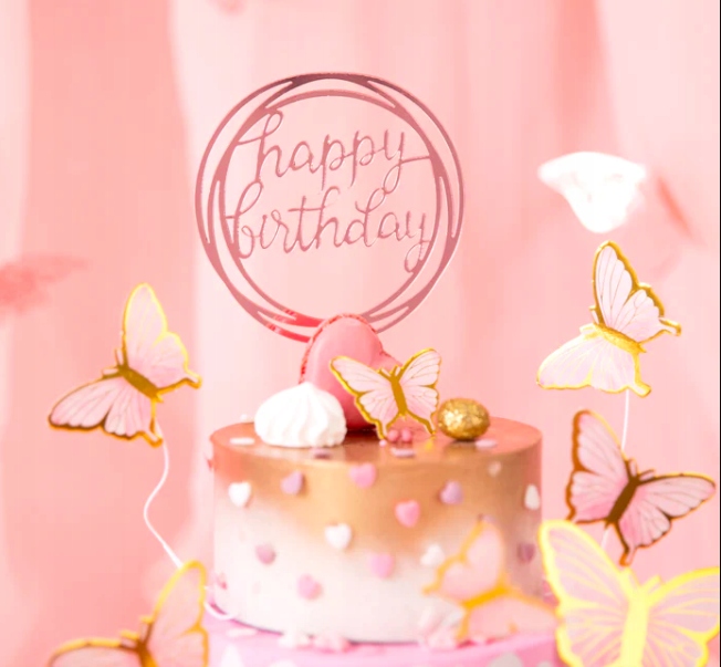 Топпер на торт Happy Birthday круглий дзеркальний рожеве золото 1 шт. PartyPal — фото 2