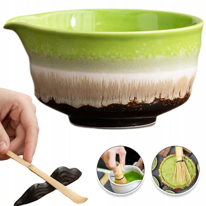 6dílný zelený keramický čajový set Matcha Bambusový Set s rukojetí