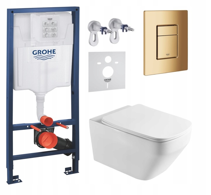 Podomítkový Wc set Grohe s mísou Naron a zlatým tlačítkem Fresh