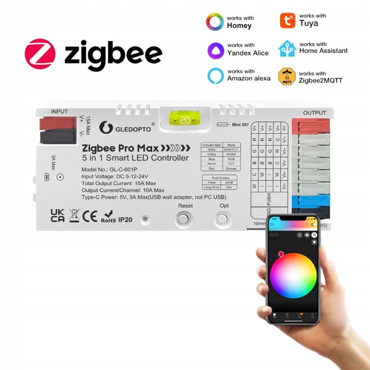 Led ovladač 5v1 Rgbcct Gledopto Zigbee Pro Max 15A Tuya eWeLink