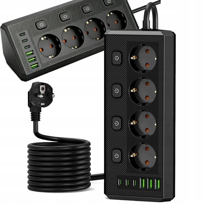 Prodlužovací Kabel Zásuvková Lišta 6X Usb 4 Zásuvky 2M Uzemnění Nabíječka 45°